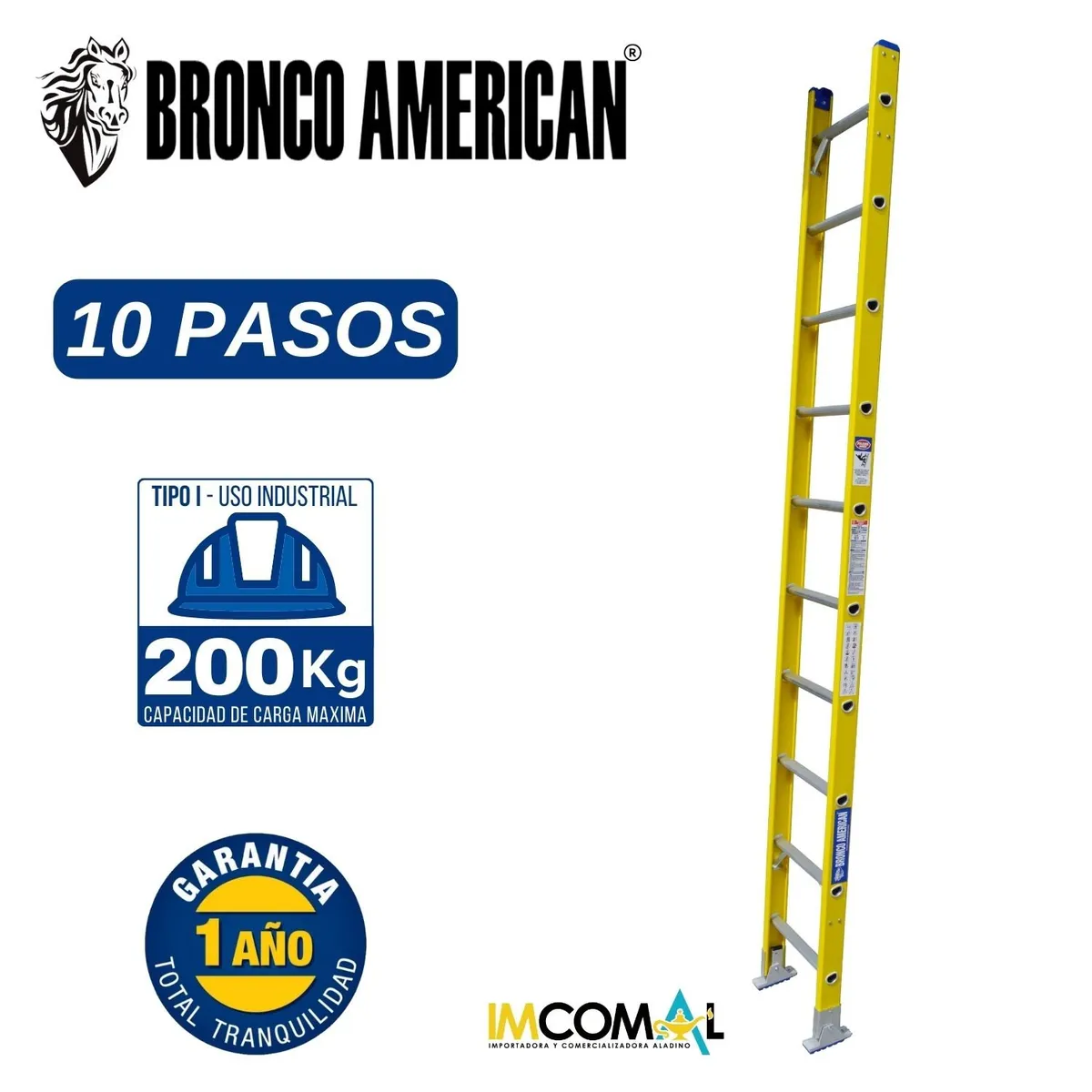 BRONCO AMERICAN - Escalera Fibra de Vidrio Tipo Arrimo de 10 Pasos.