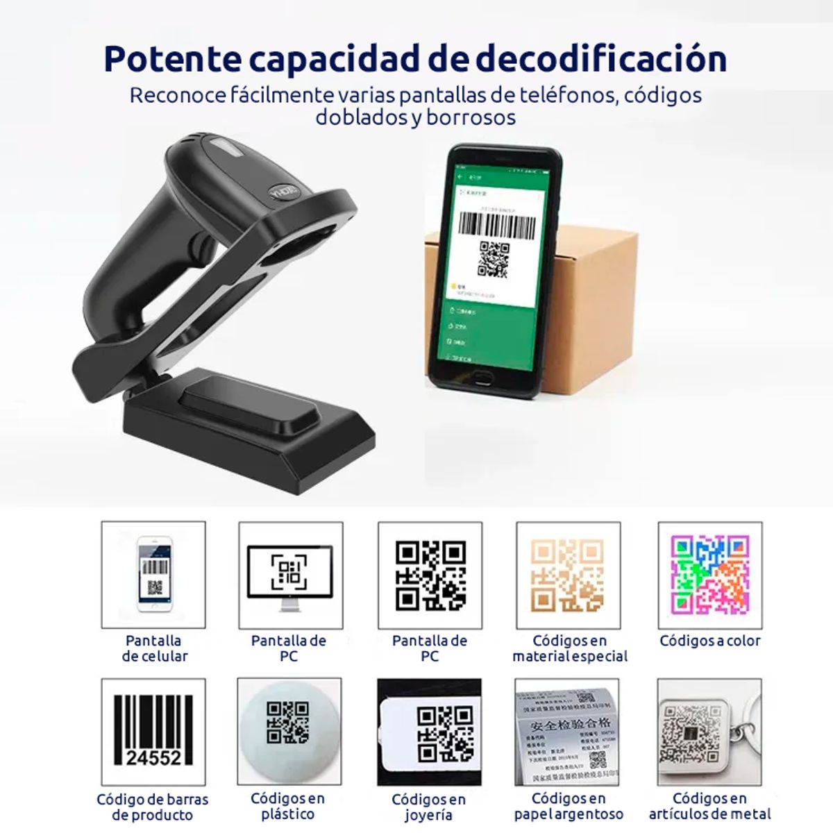 JPSYSTEMS - Lector portátil escaner código barras parante Inalámbrico Bluetooth 2D YHD-5800DB