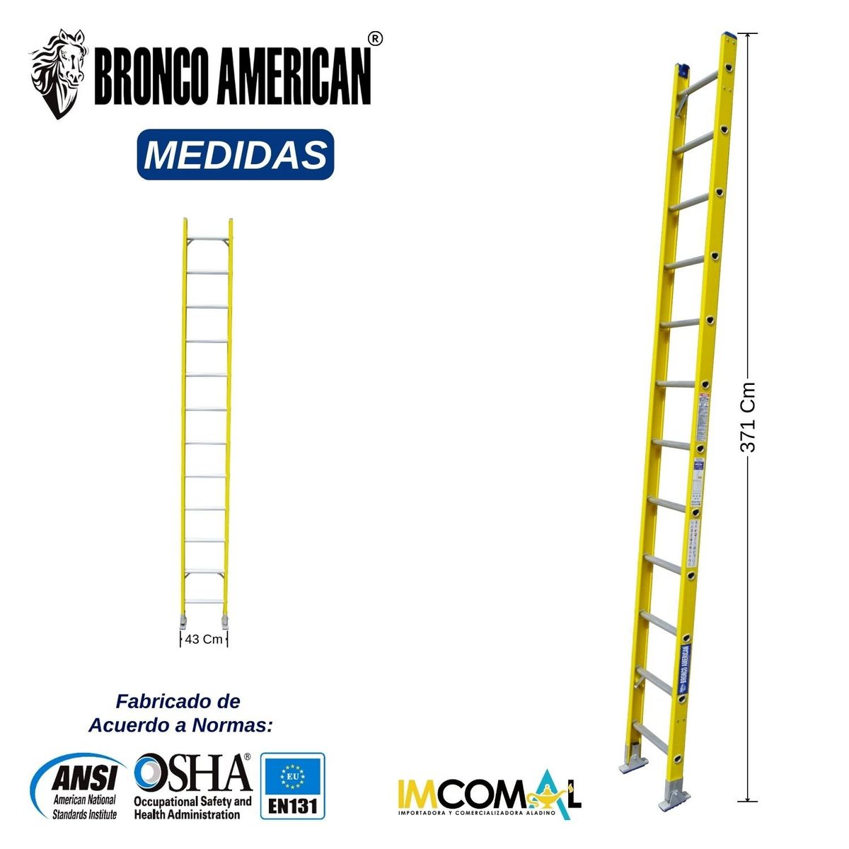 BRONCO AMERICAN - Escalera Fibra de Vidrio Tipo Arrimo de 12 Pasos.