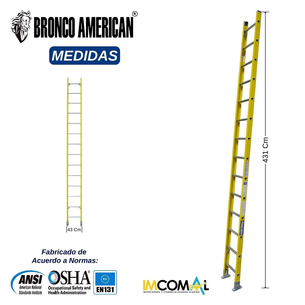 BRONCO AMERICAN - Escalera Fibra de Vidrio Tipo Arrimo de 14 Pasos.