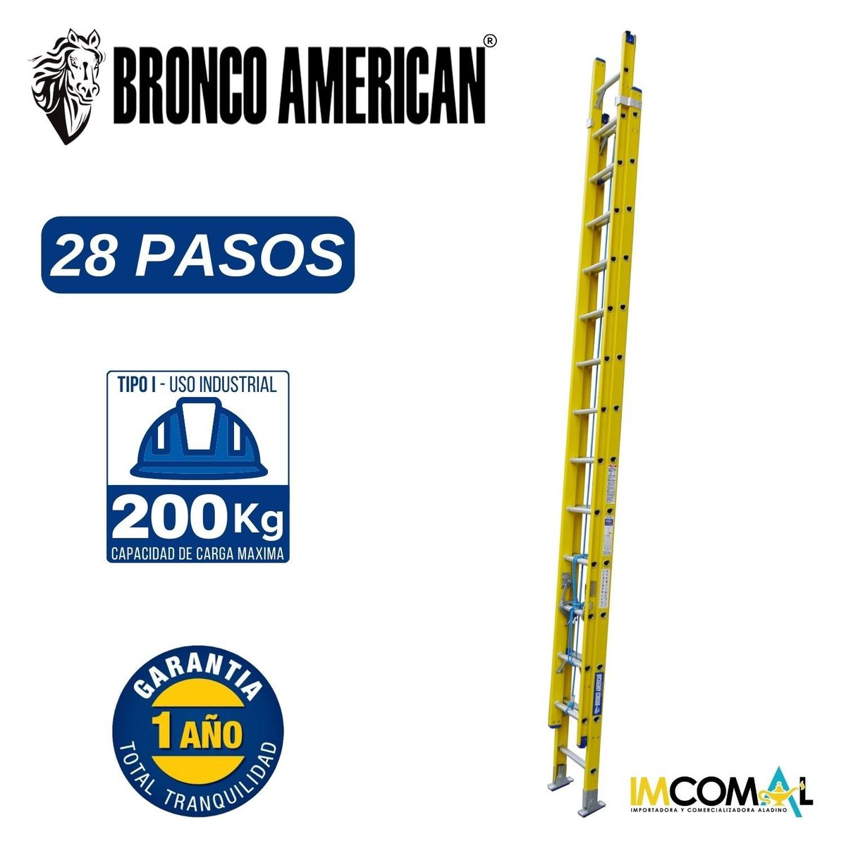 BRONCO AMERICAN - Escalera Fibra de Vidrio Telescópica de 28 Pasos.