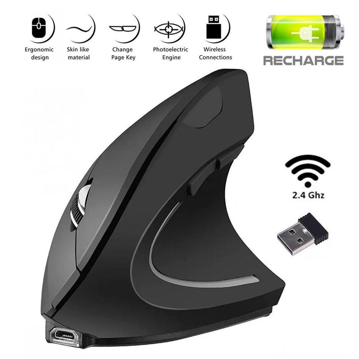 OEM - Mouse recargable inalambrico ergonomico vertical  2.4ghz, usb 3.0