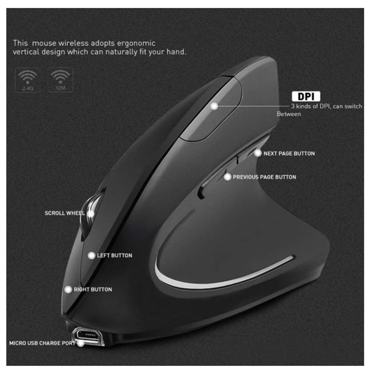 OEM - Mouse recargable inalambrico ergonomico vertical  2.4ghz, usb 3.0
