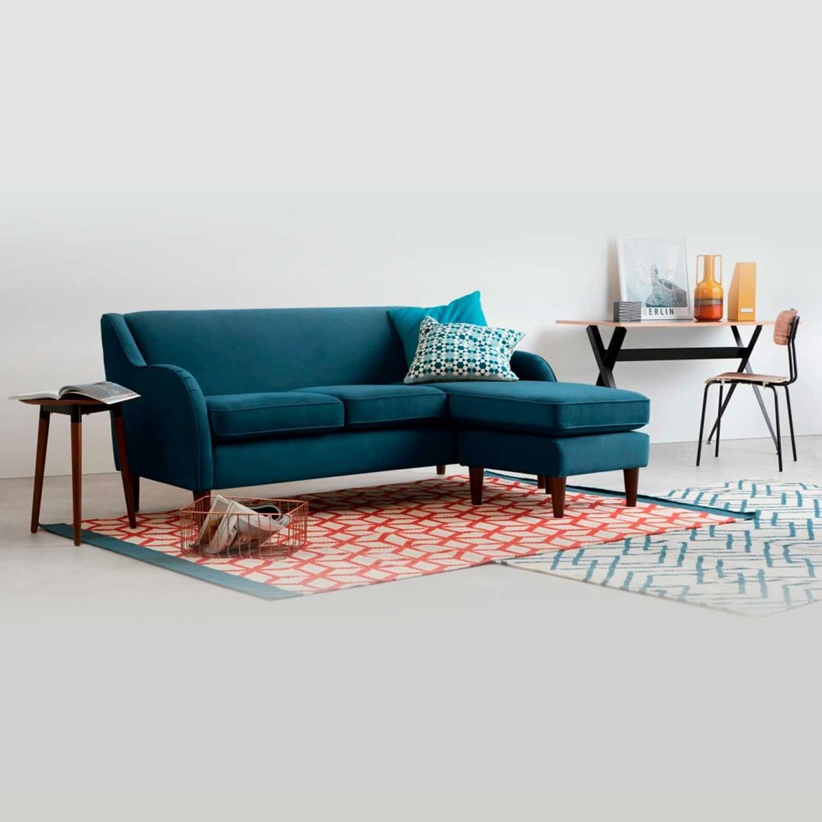 YOLODECORO - Sofá Esquinero Helena 3 Cuerpos Con Chaise Longue Derecho Azul Cerceta