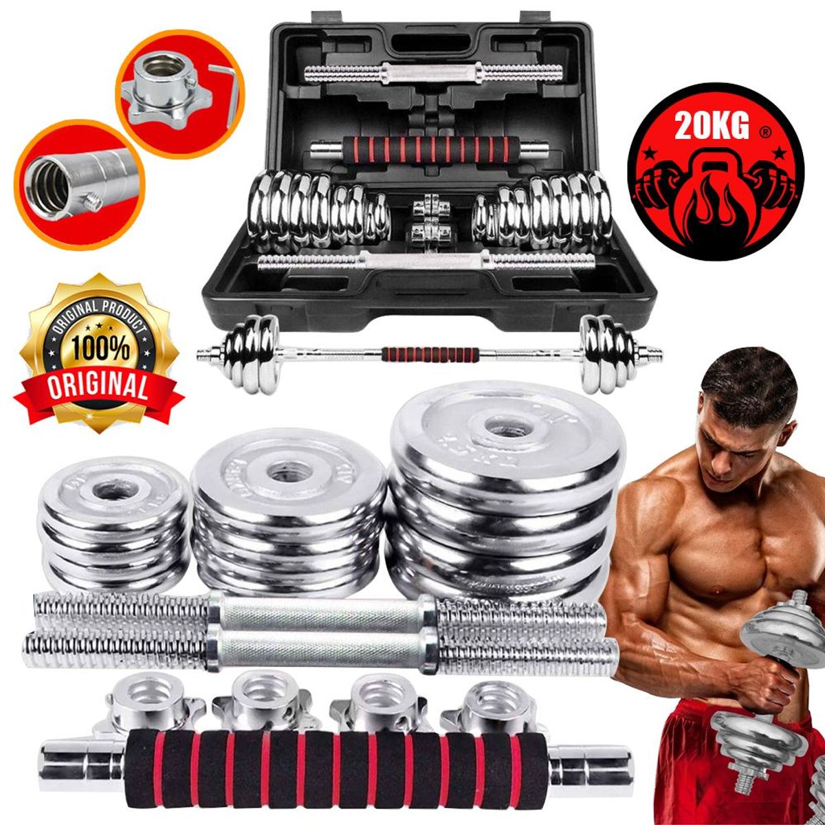 HOLGU - Set de pesas cromadas de 20kg mancuernas adaptador maletín