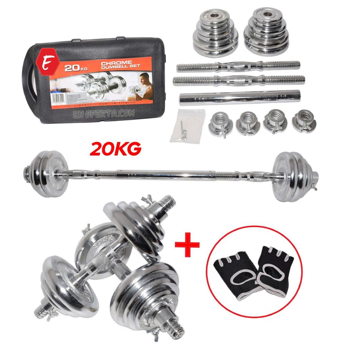 HOLGU - Set de pesas cromadas de 20kg mancuernas adaptador maletín