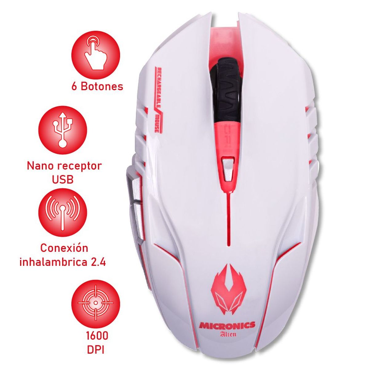 MICRONICS - Mouse Gamer Recargable Inalámbrico Alien Blanco