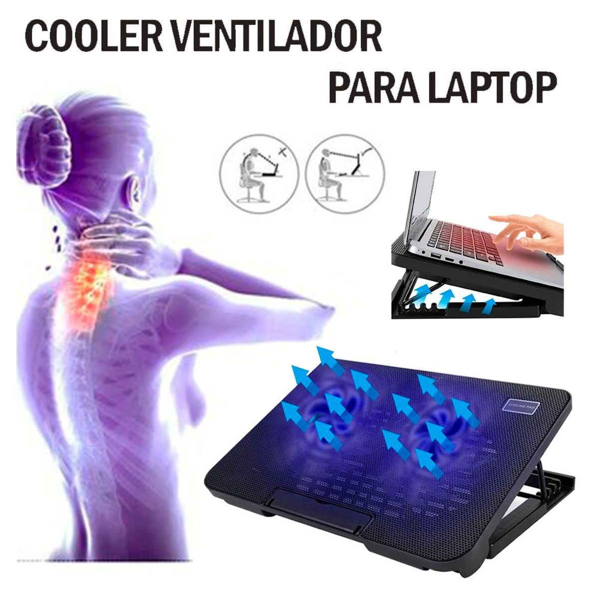 GENERICO - Cooler Ventilador Laptop Soporte 9" a 17" / 6 Niveles  2 Ventiladores