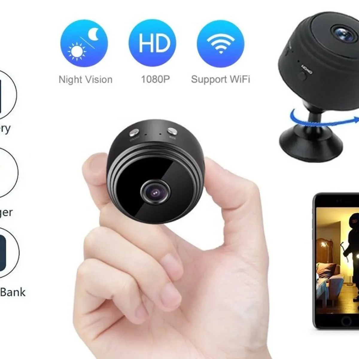 GENERICO - MINI CAMARA ESPIA WIFI A9 HD 128GB GRABA 24 HORAS