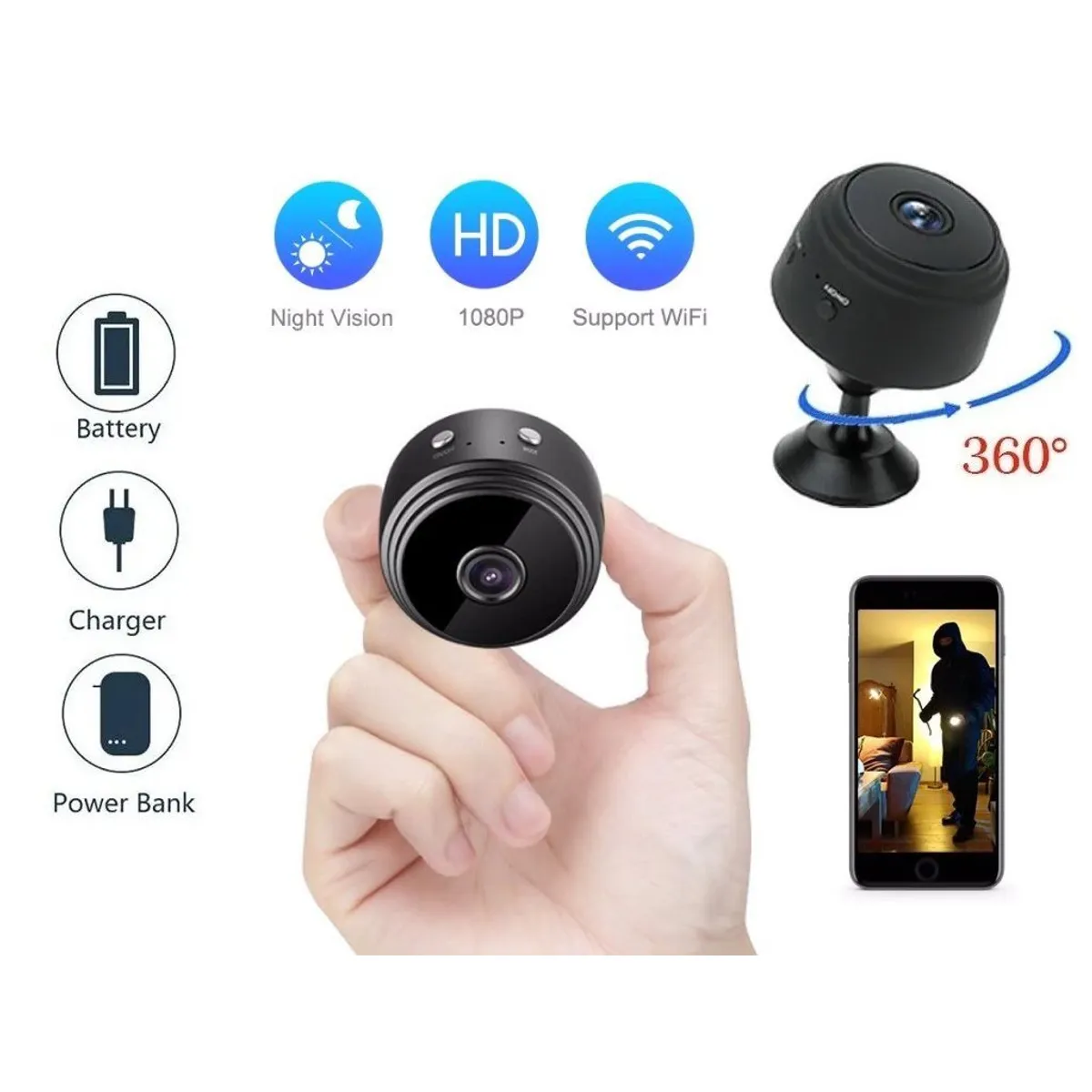 GENERICO - MINI CAMARA ESPIA WIFI A9 HD 128GB GRABA 24 HORAS