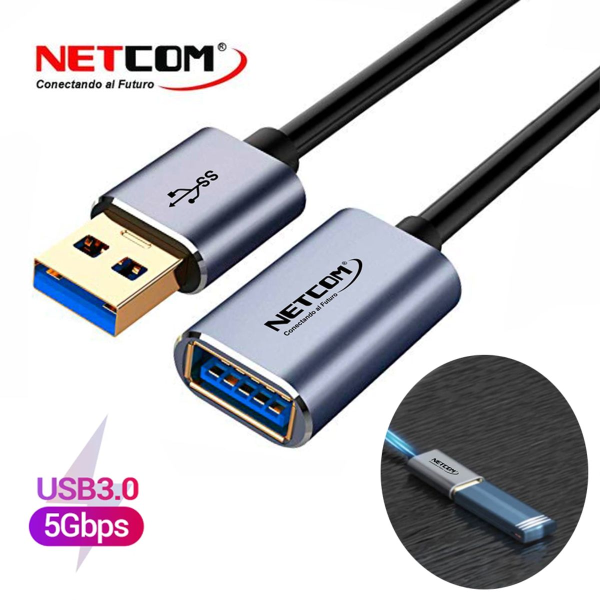 NETCOM - Cable Extensión Usb 3.0 Macho A Hembra 1 Metro NETCOM 5Gbps