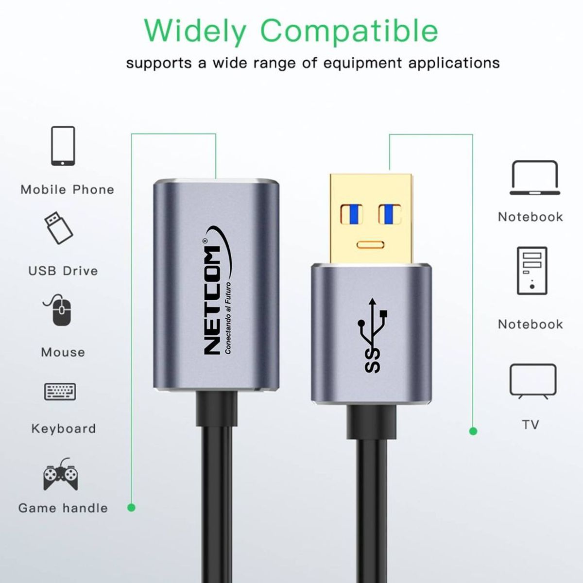 NETCOM - Cable Extensión Usb 3.0 Macho A Hembra 3 Metros NETCOM 5Gbps