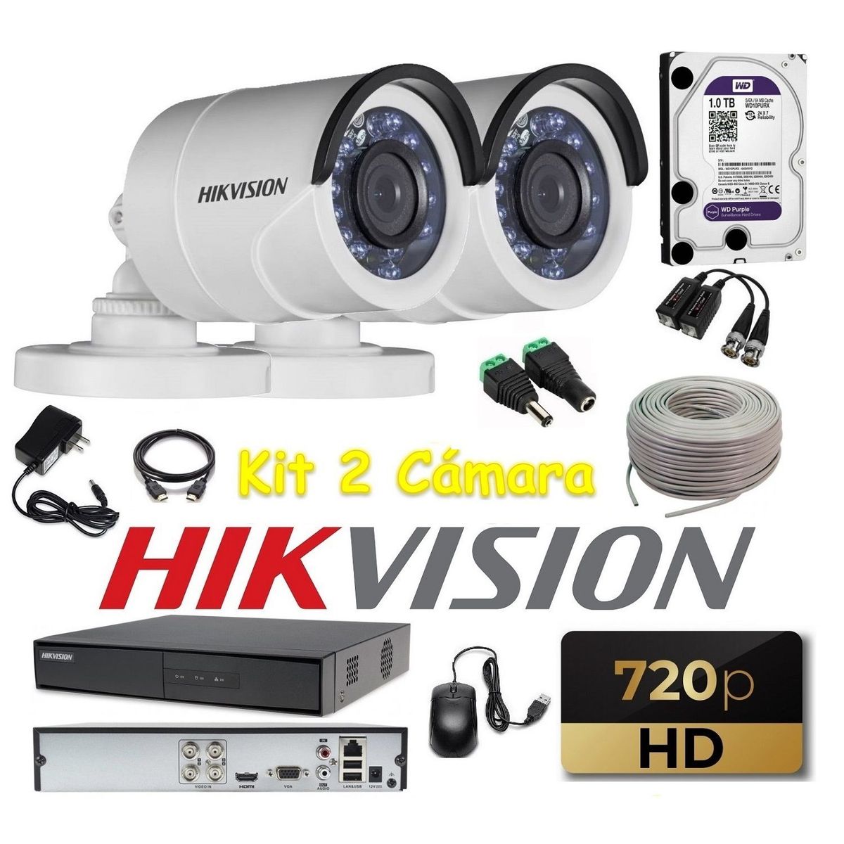 HIKVISION - kit 2 Cámaras Seguridad Tubo Exterior HD Hikvision 1tb + cable