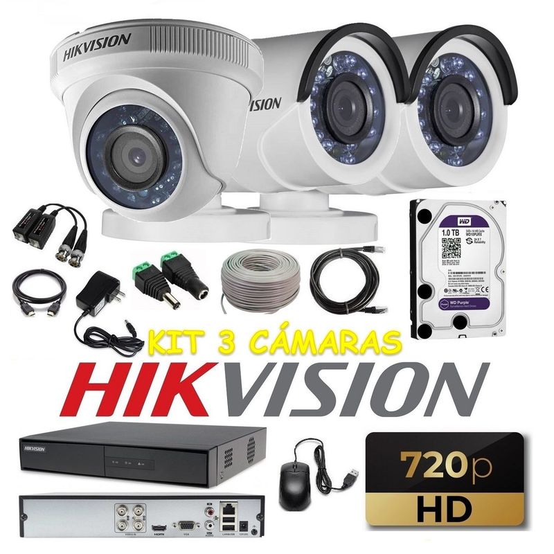 HIKVISION - kit 3 Cámaras Seguridad HD 720p Hikvision 1tb + cable