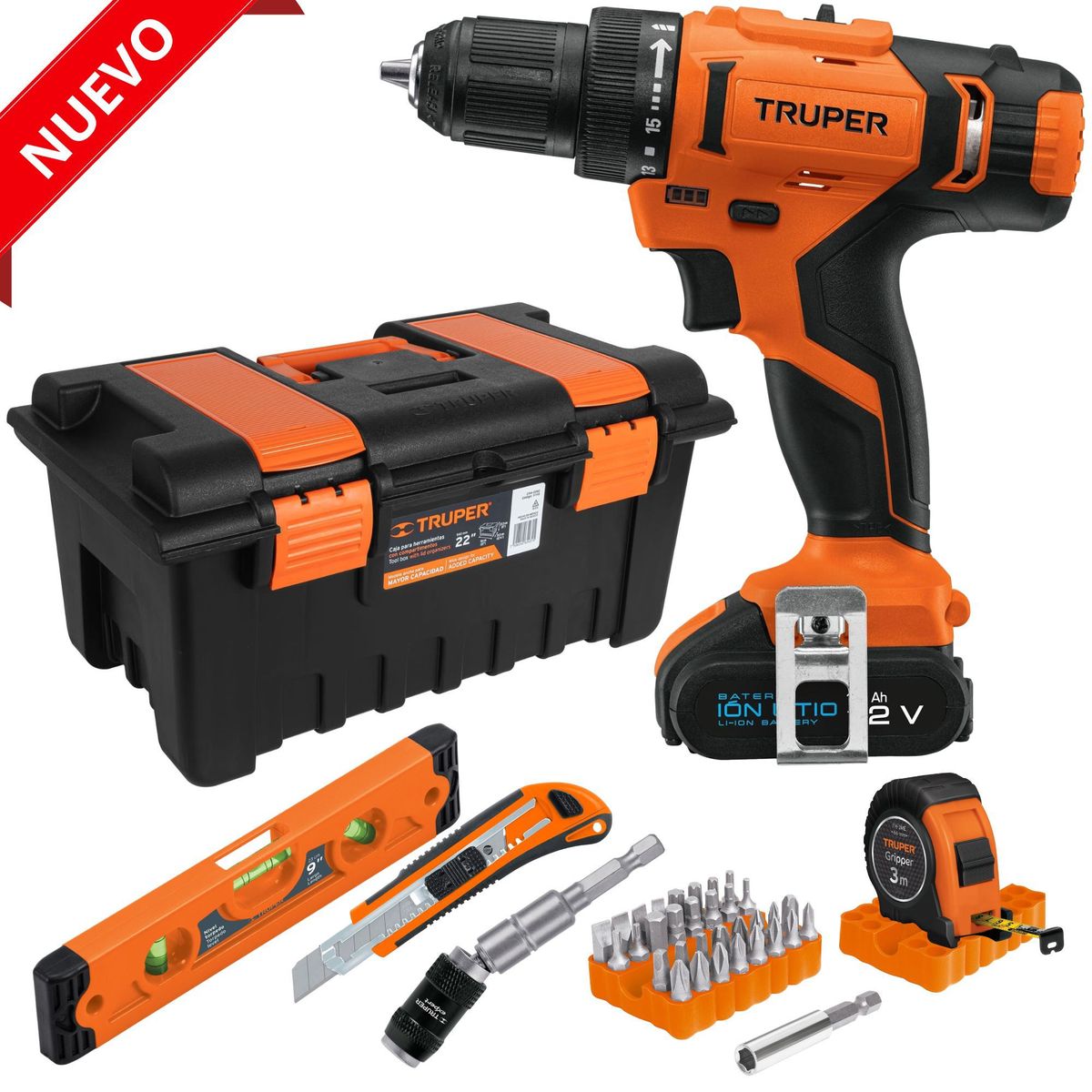 TRUPER - Combo taladro inalámbrico 12V caja y juego de herramientasTruper