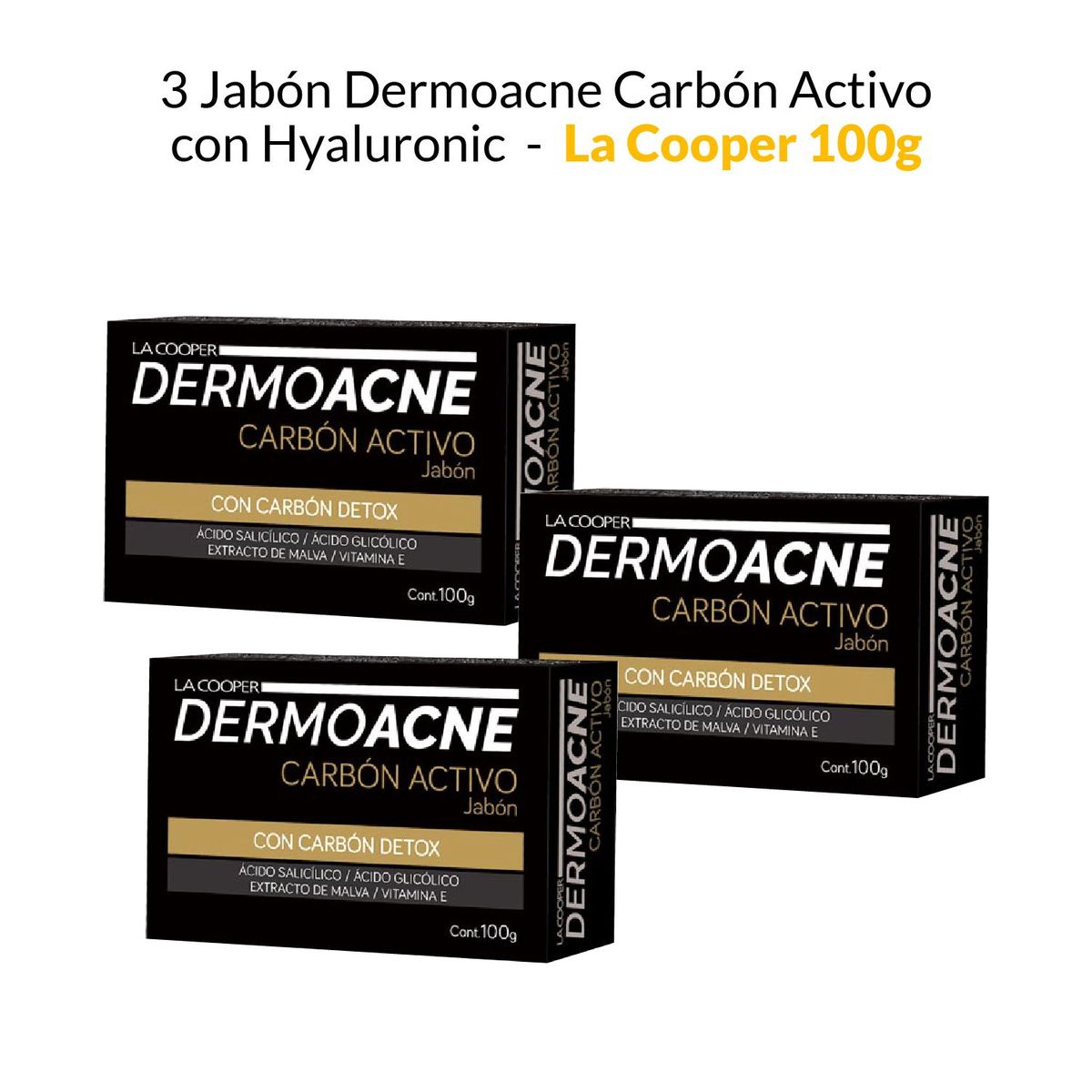 GENERICO - 3 Jabón Dermoacne Carbón Activo con Hyaluronic - La Cooper 100g