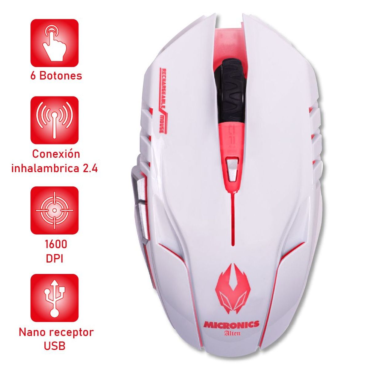 MICRONICS - Mouse Gamer Inalámbrico Alien Blanco