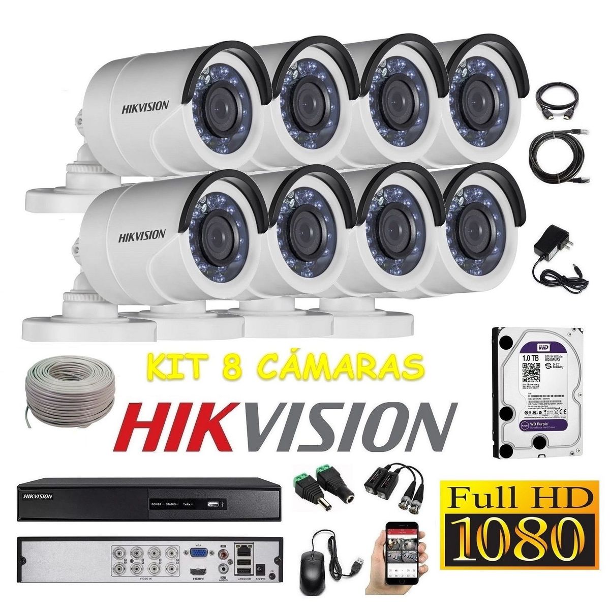 HIKVISION - kit 8 Cámaras Seguridad Tubo Exterior FULLHD Hikvision 1tb