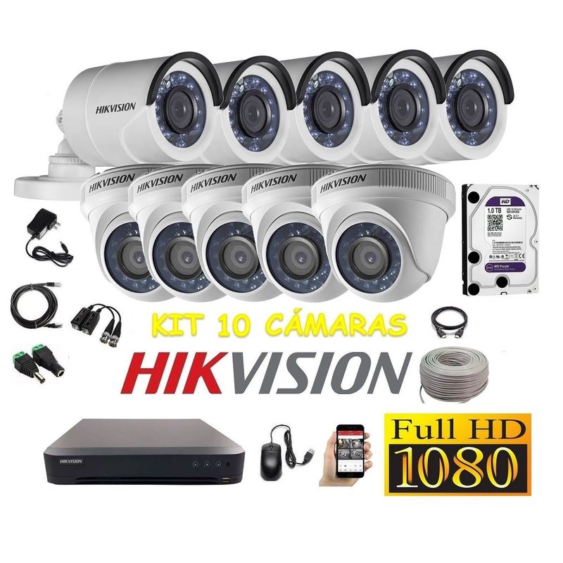 HIKVISION - kit 10 Cámaras Seguridad FULLHD Hikvision 1tb + cable