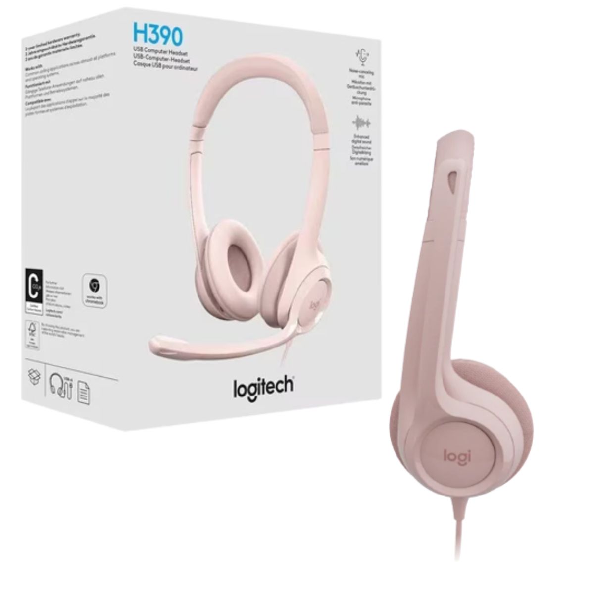 LOGITECH - Audífono con microfono Logitech H390 USB Cancelación de Ruido Rosa