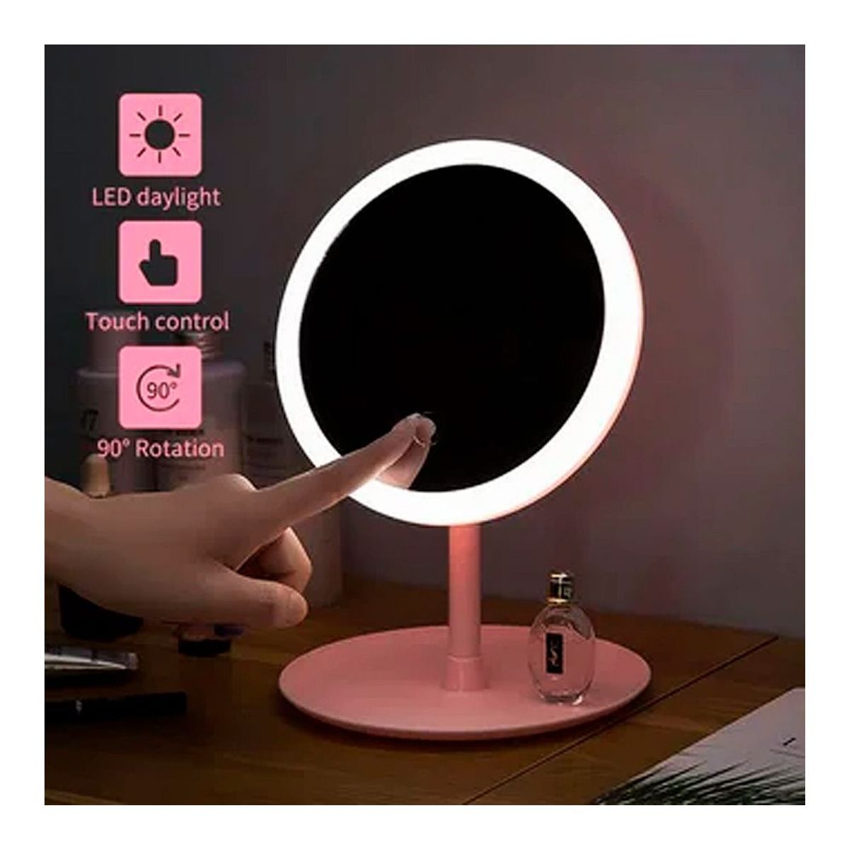 GENERICO - Espejo Cosmetico Maquillaje LUZ LED Redondo Encendido táctil - Rosado