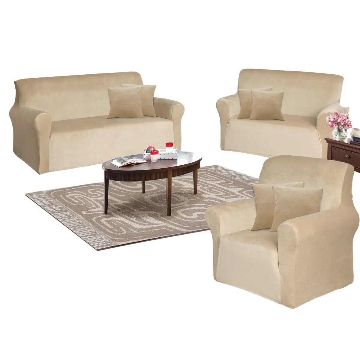 IMPORTADO MC - Funda de mueble terciopelo 3-2-1 Beige nude Sala fabulosa