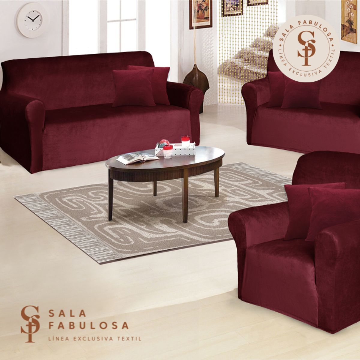 GENERICO - Funda de mueble terciopelo 3-2-1 Guinda Sala fabulosa