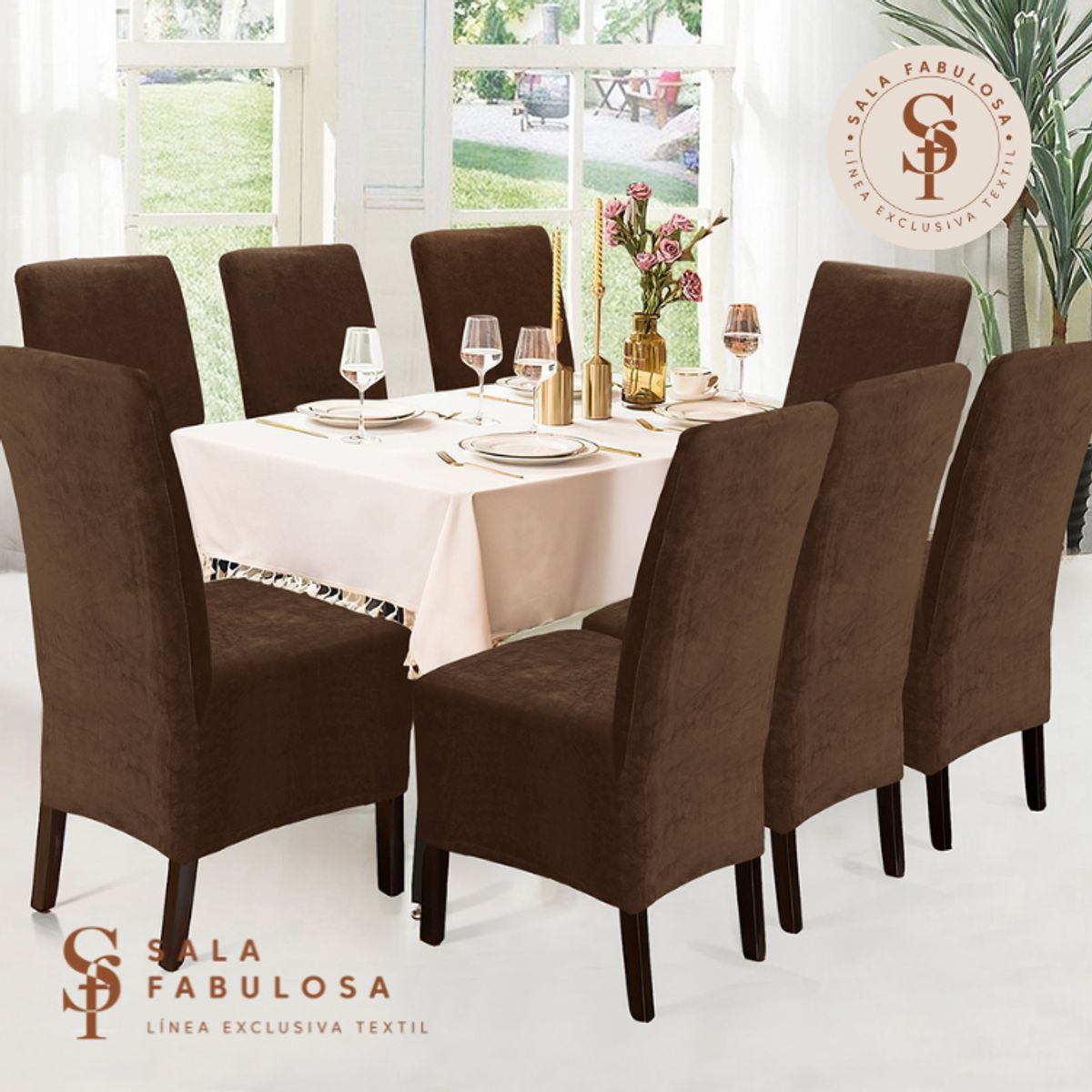 IMPORTADO MC - Funda de silla terciopelo 8 piezas Chocolate Sala fabulosa
