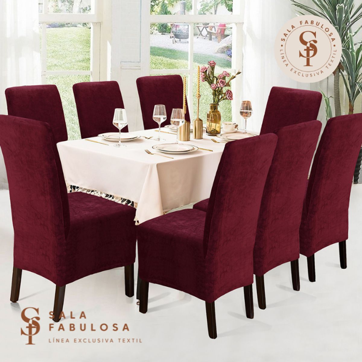 GENERICO - Funda de silla terciopelo 8 piezas Guinda Sala fabulosa