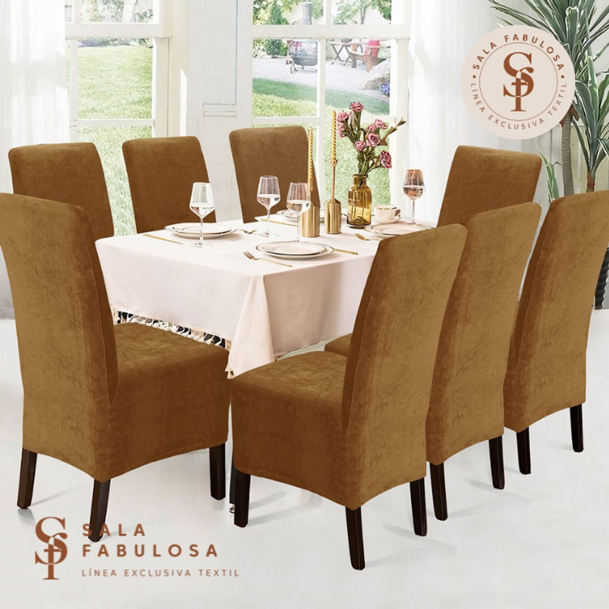 GENERICO - Funda de silla terciopelo 8 piezas Camel Sala fabulosa
