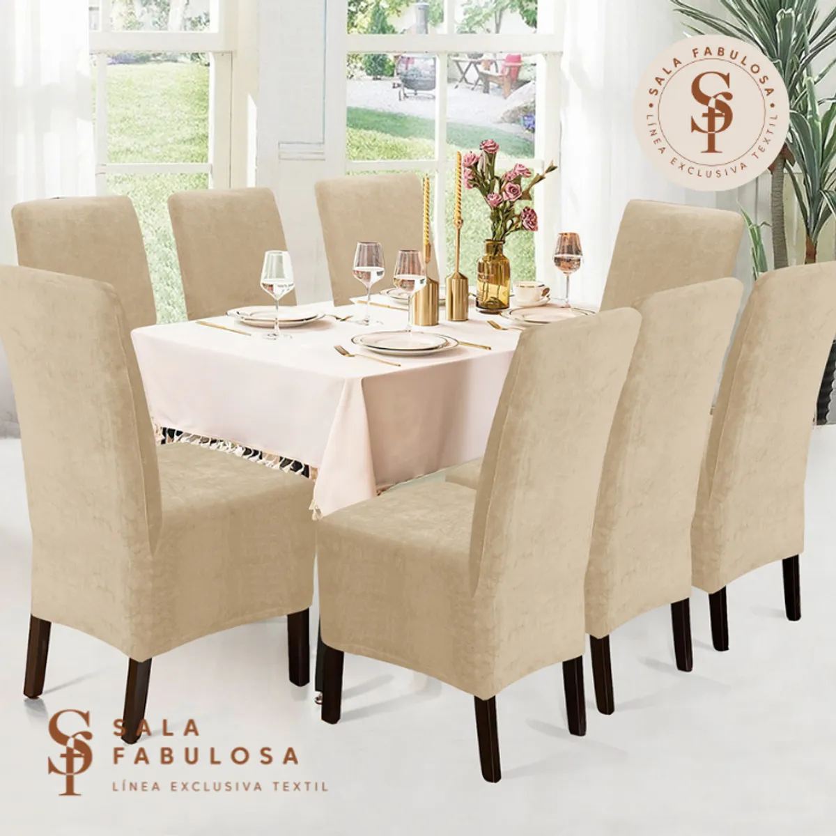 GENERICO - Funda de silla terciopelo 8 piezas Beige nude Sala fabulosa