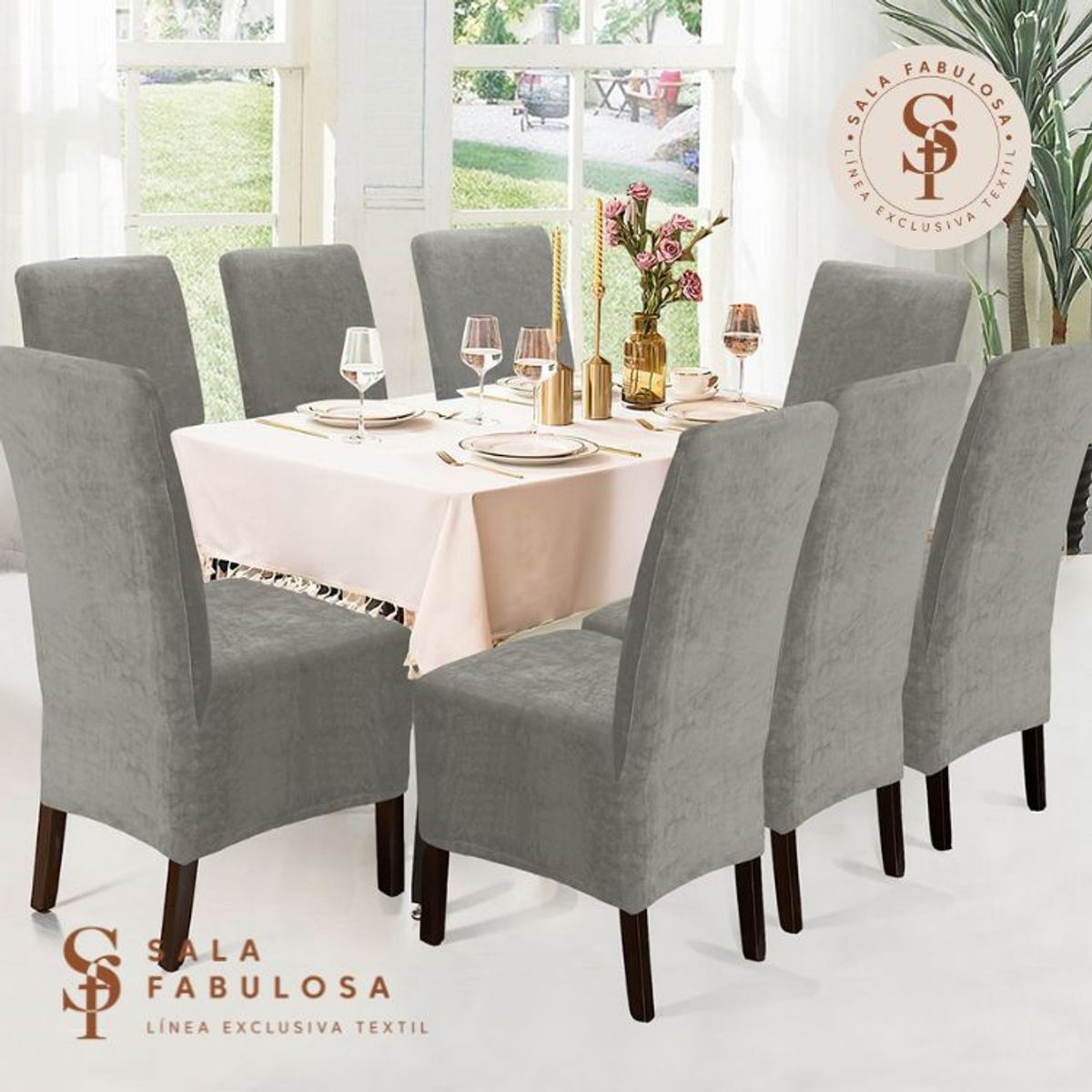 SALA FABULOSA - Funda de silla terciopelo 8 piezas Gris Sala fabulosa