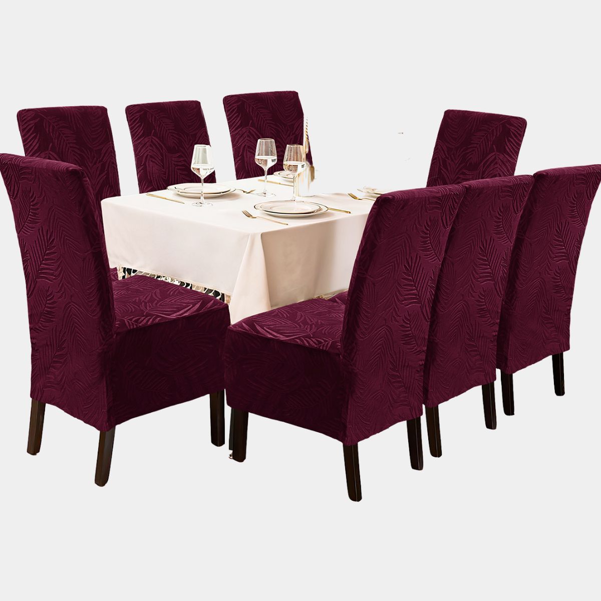 IMPORTADO MC - Funda de silla terciopelo labrado 8 piezas Guinda Sala fabulosa