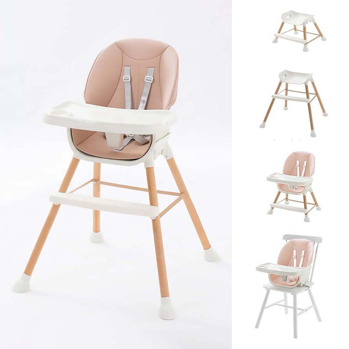 BABYKISS - SILLA DE COMER DE MADERA PARA BEBES 5 EN 1 DE LUJO ROSA