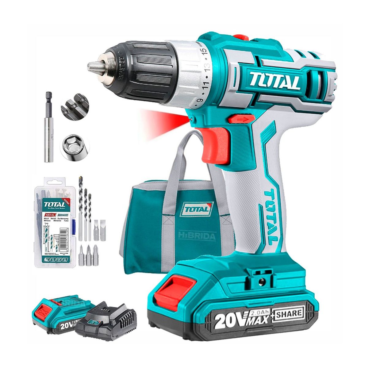 TOTAL TOOLS - Taladro Atornillador Inalámbrico Batería 20v Total x2 Bat +47 Accs