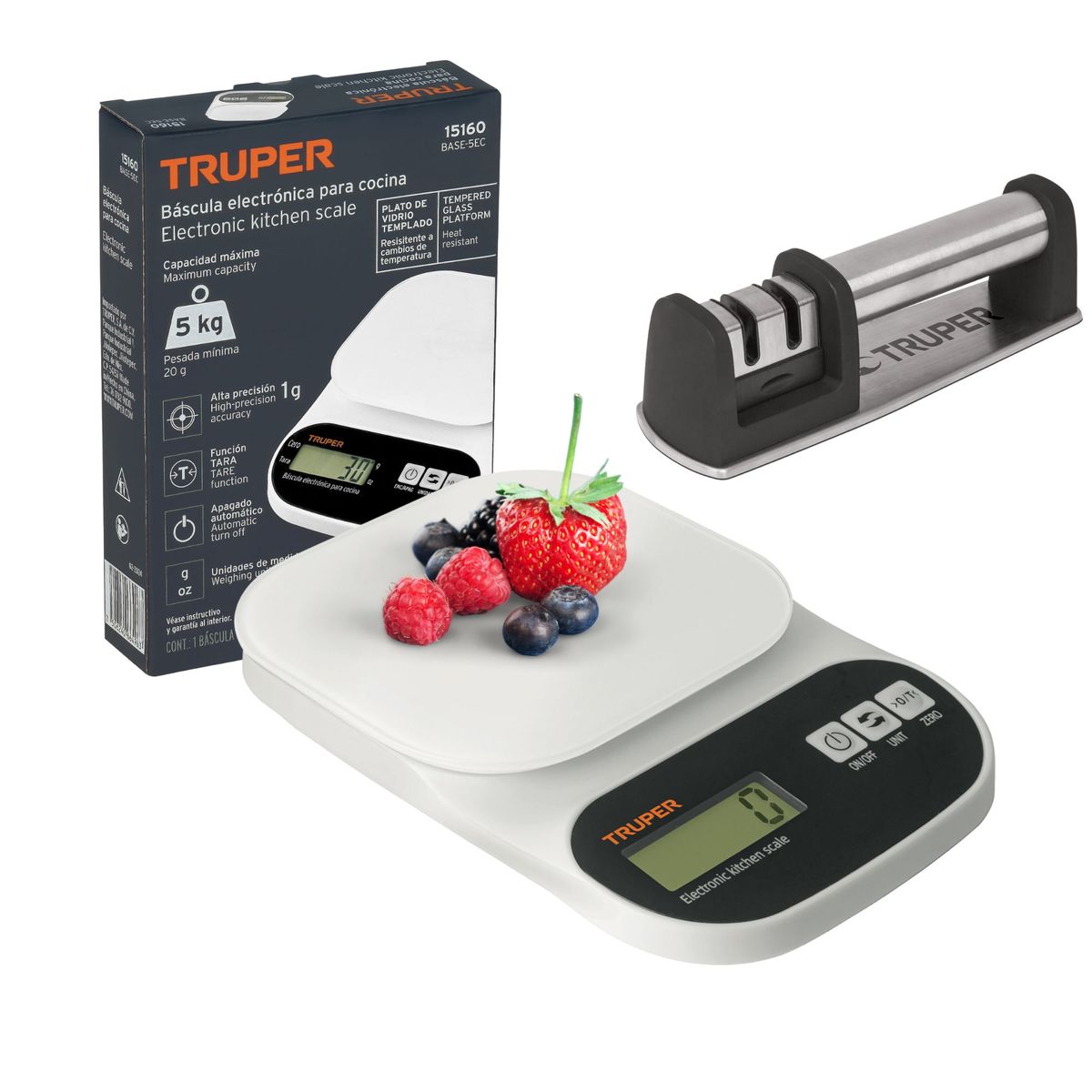 TRUPER - Balanza digital de cocina vidrio 5kg Afilador de cuchillo truper