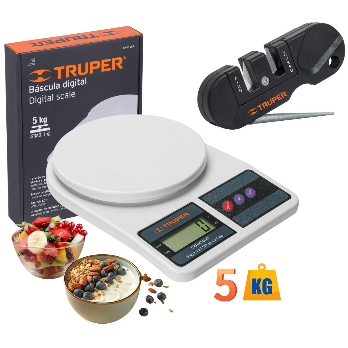 TRUPER - Balanza digital de cocina plástico 5kg mini afilador de cuchillo