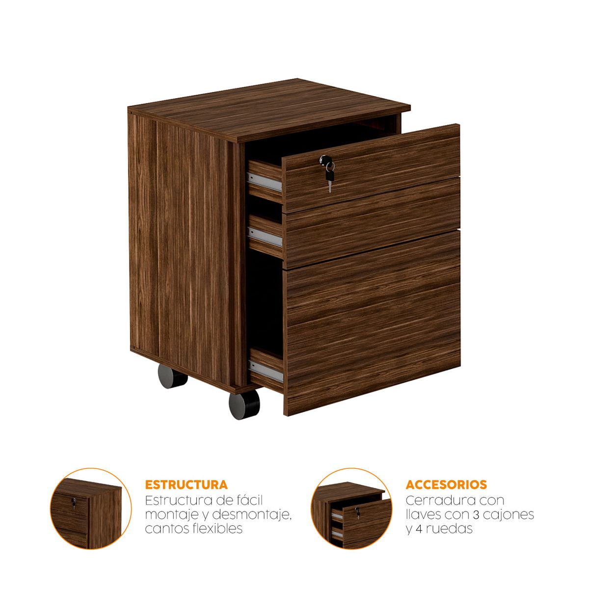 BONNO - Archivador De Oficina 3 Cajones Wong Ruedas Nogal Bonno