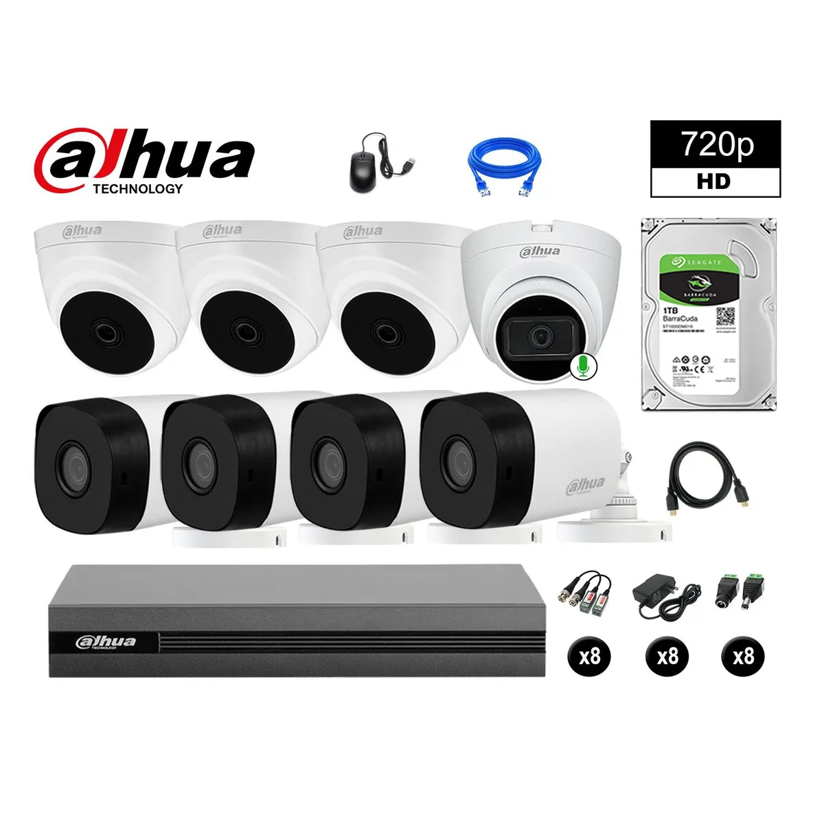 DAHUA - CÁMARAS SEGURIDAD KIT 8 HD 720P 1TB 1 CÁMARA CON AUDIO