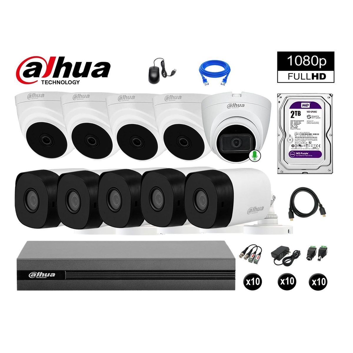 DAHUA - CÁMARAS SEGURIDAD KIT 10 FULL HD 2TB 1 CÁMARA CON AUDIO