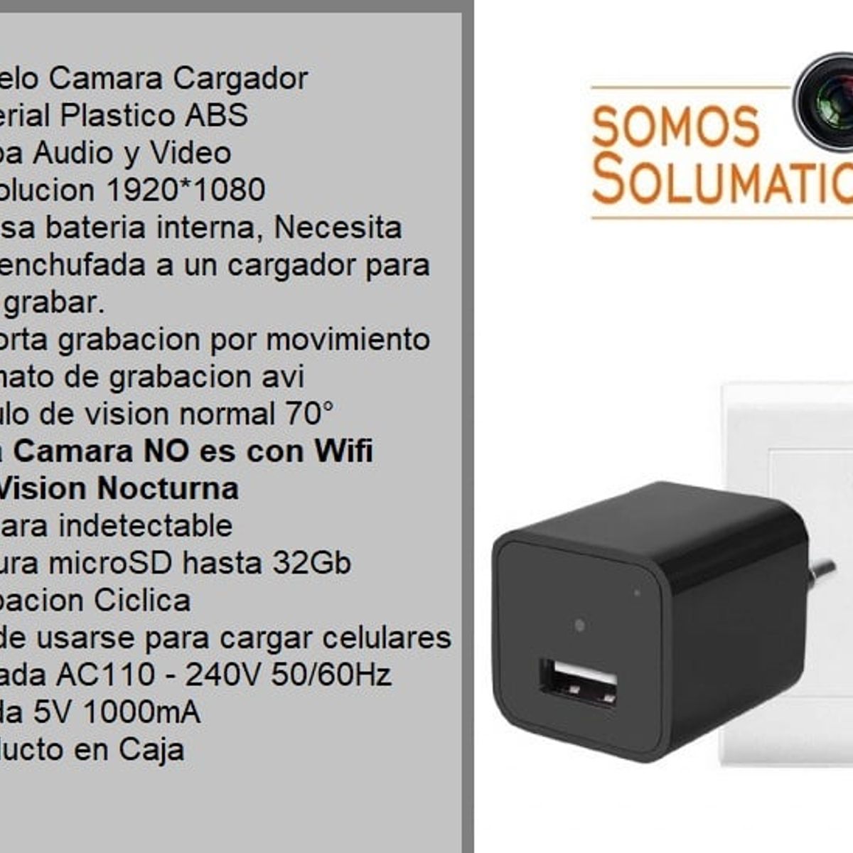 OEM - Camara Cargador Espia - Solumatica - Grabacion por Movimiento