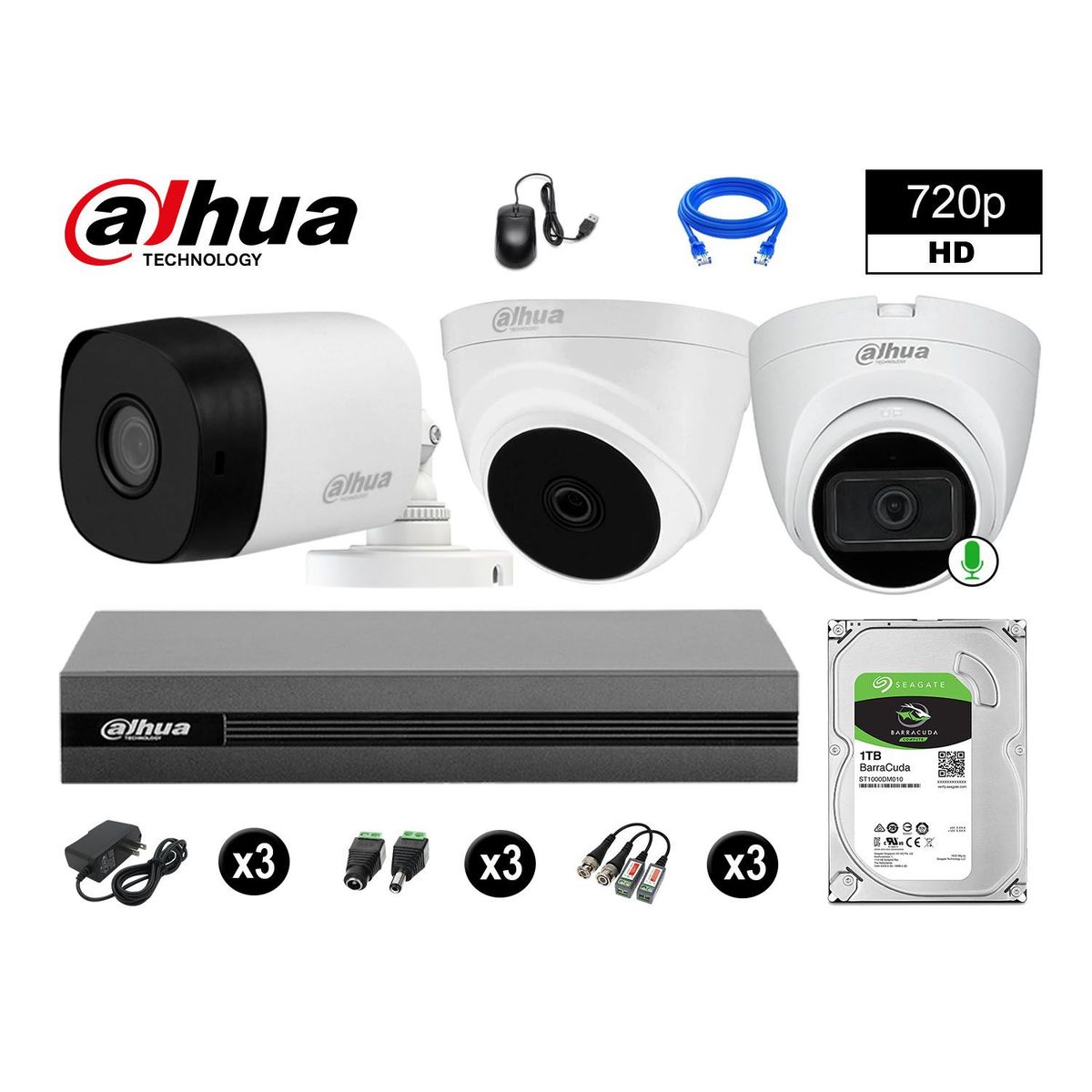 DAHUA - CÁMARAS SEGURIDAD KIT 3 HD 720P 1TB 1 CÁMARA CON AUDIO
