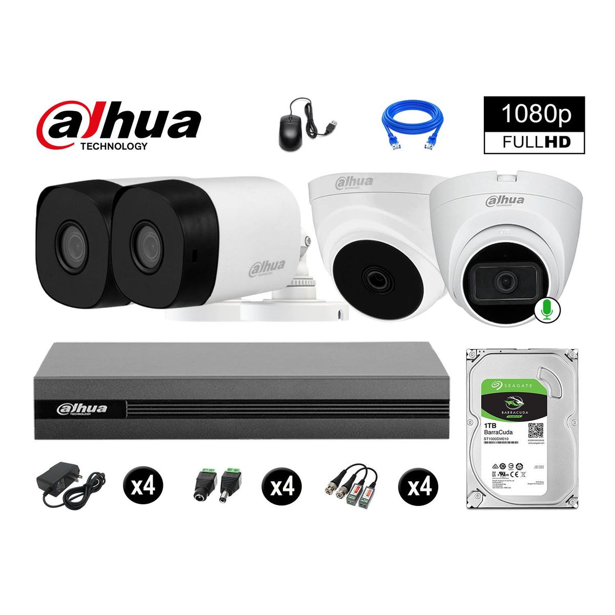 DAHUA - CÁMARAS SEGURIDAD KIT 4 FULL HD 1TB 1 CÁMARA CON AUDIO