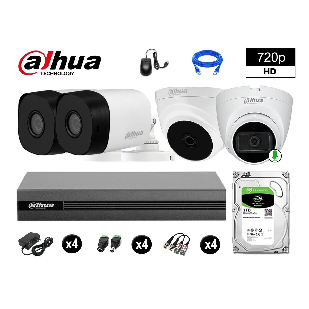 DAHUA - CÁMARAS SEGURIDAD KIT 4 HD 720P 1TB 1 CÁMARA CON AUDIO