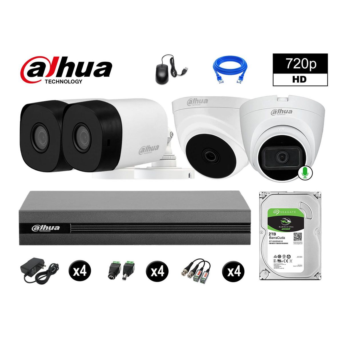 DAHUA - CÁMARAS SEGURIDAD KIT 4 HD 720P 2TB 1 CÁMARA CON AUDIO