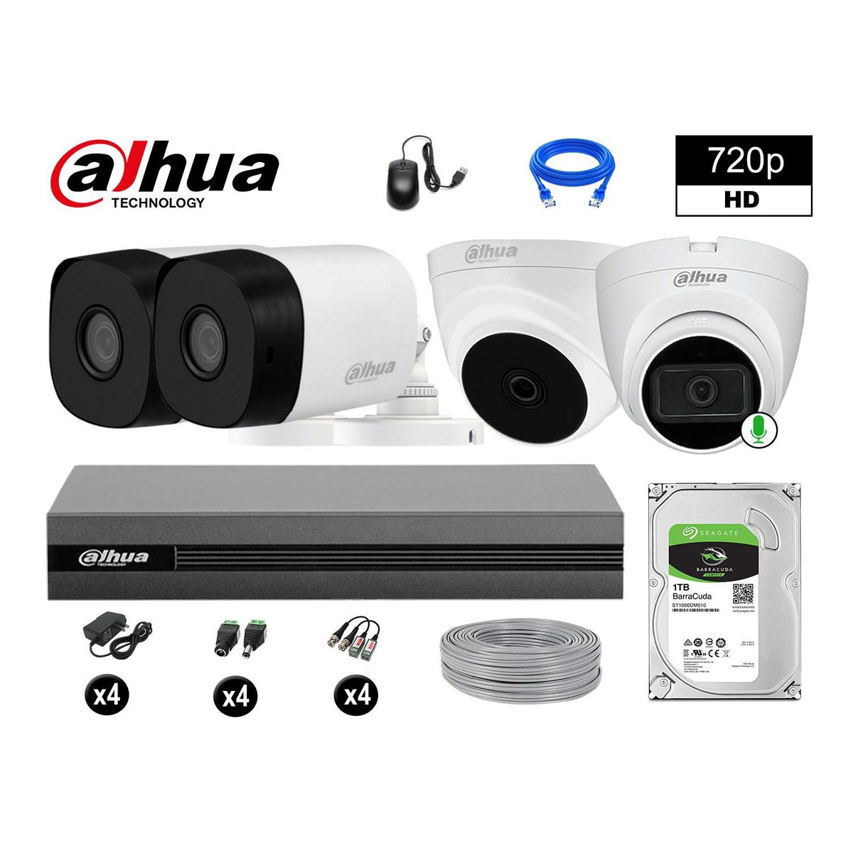 DAHUA - CÁMARAS SEGURIDAD KIT 4 HD 720P 1TB 1 CÁMARA CON AUDIO COMPLETO