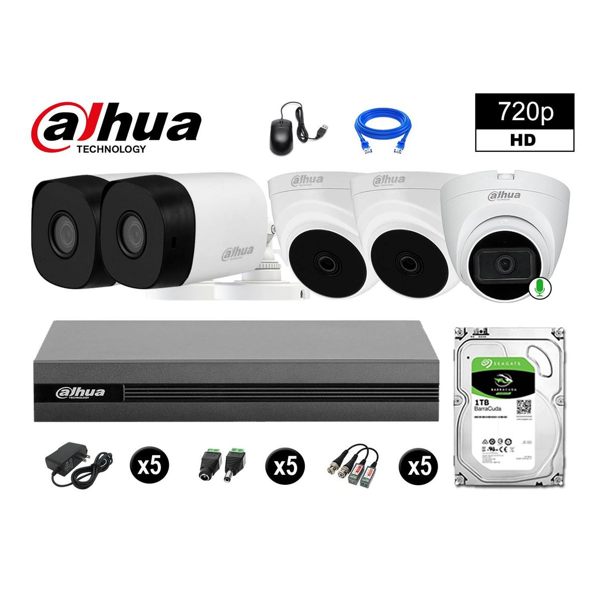 DAHUA - CÁMARAS SEGURIDAD KIT 5 HD 720P 1TB 1 CÁMARA CON AUDIO