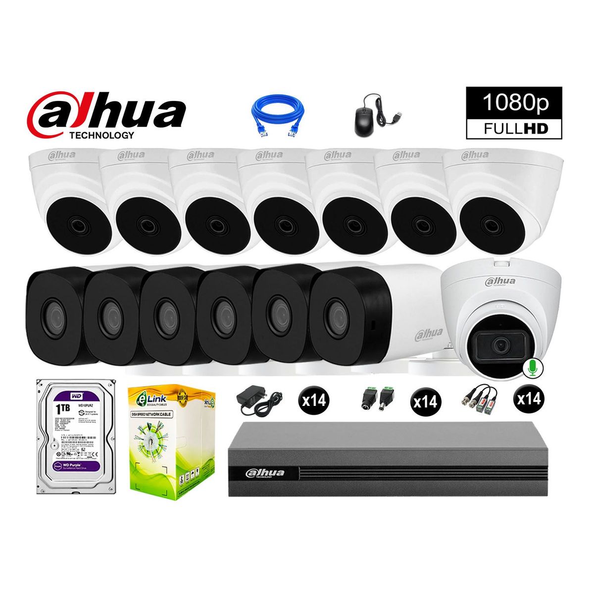 DAHUA - CÁMARAS SEGURIDAD KIT 14 FULL HD 1TB 1 CÁMARA CON AUDIO COMPLETO
