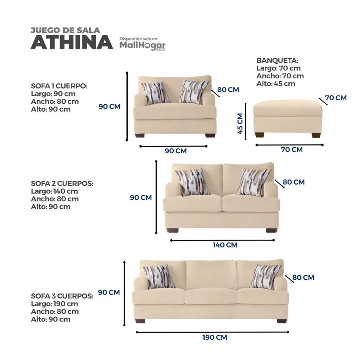 GENERICO - Juego de Sala Athina 3-2-1 Beige Claro + 1 Banqueta