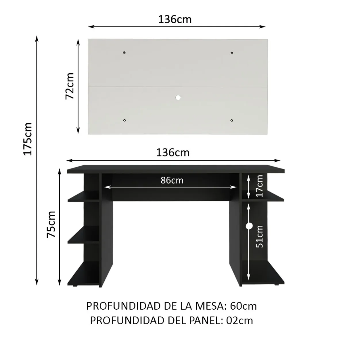 MADESA - Escritorio Gamer Moderno + Panel para TV Hasta 50 Pulgadas